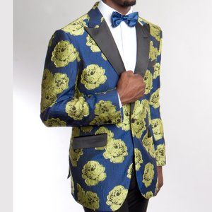 Yellow Textured Floral Blue Blazer Jacket by Tazio